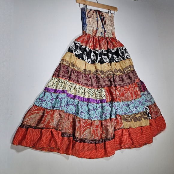 Maxi Dress Womens Small 100% Silk Patchwork Boho Smocked Tiered Boho Festival - Picture 6 of 10